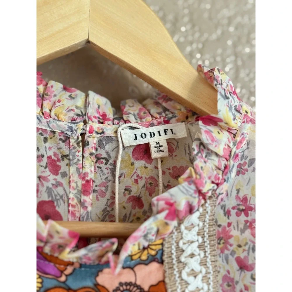 Jodifl Women Floral Patchwork Boho Babydoll Blouse Balloon Sleeve Blue Pink M